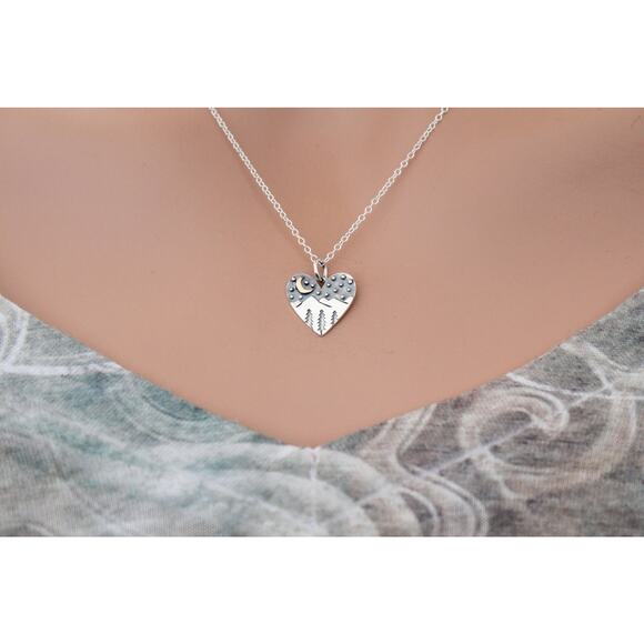 Sterling Silver Heart Charm with Mountains and Bronze Moon Necklace - Picture 1 of 4